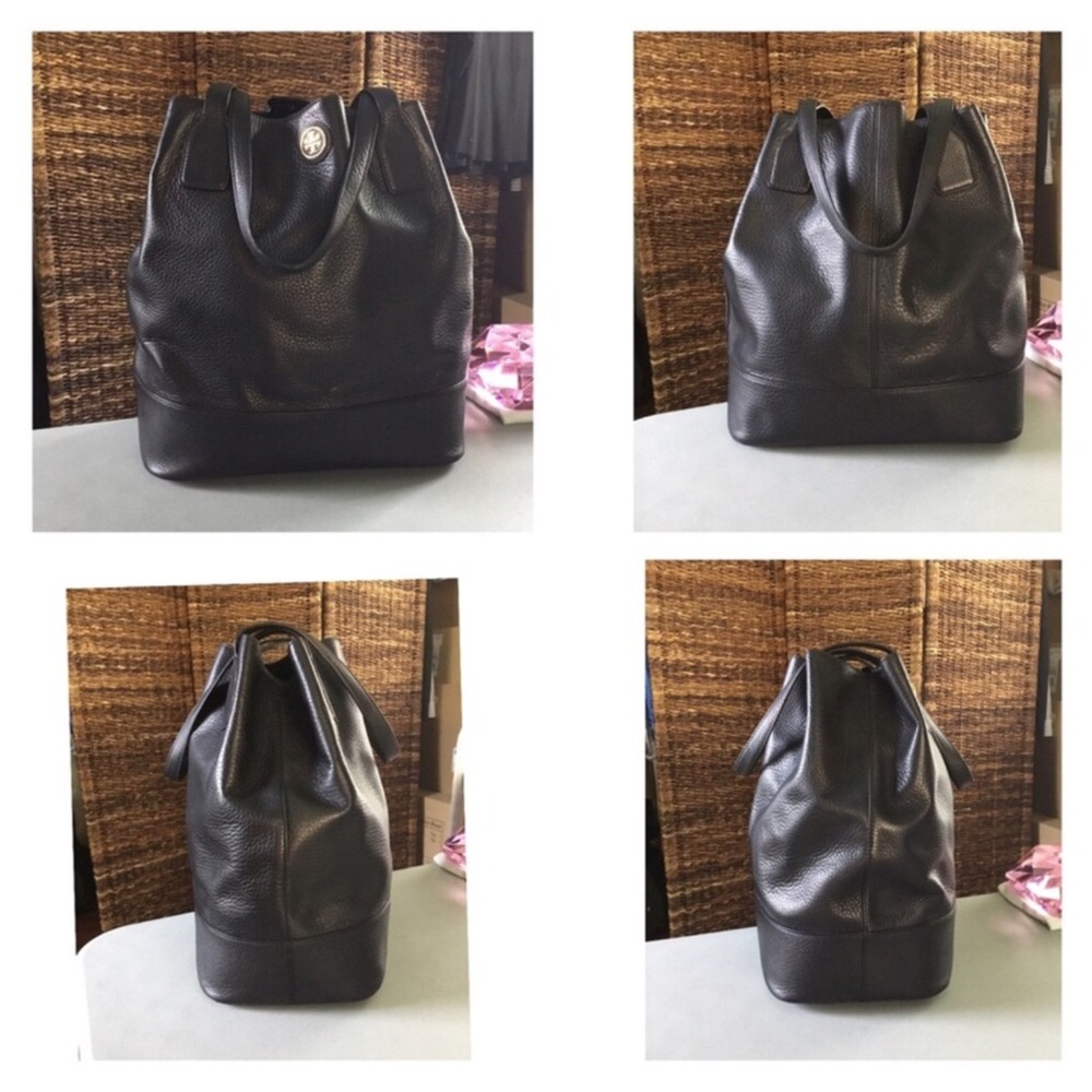 TORY BURCH MICHELLE BLACK PEBBLED LEATHER BUCKET TOTE BLACK GOLD LOGO - Picture 3 of 15
